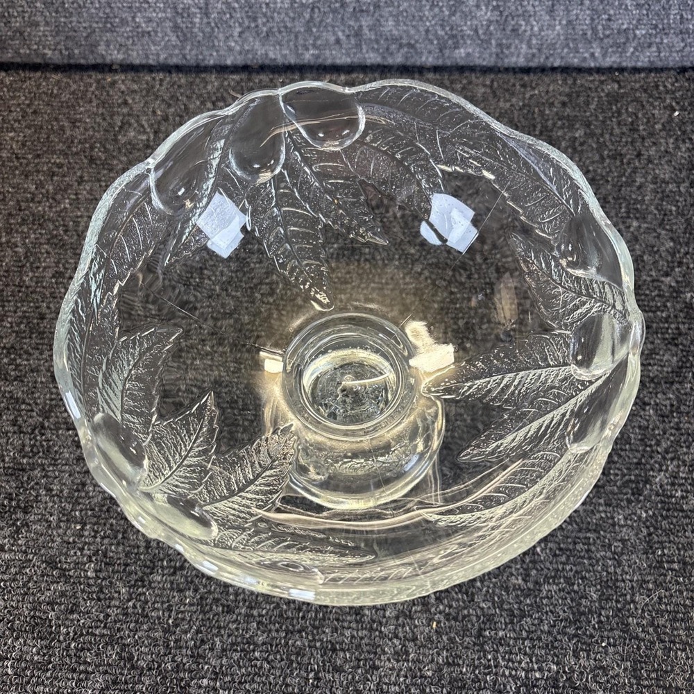 Vtg~Teleflora~Pressed Glass Pedestal Fruit Bowl~Pear / Leaf Design~1985